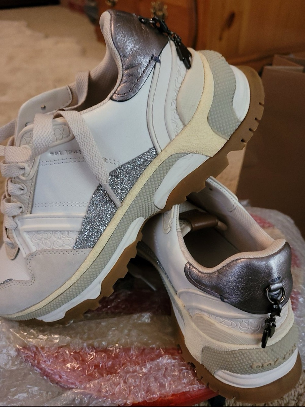 Coach Women’s White, Silver and Brown Glitter Accent Sneakers G3014
